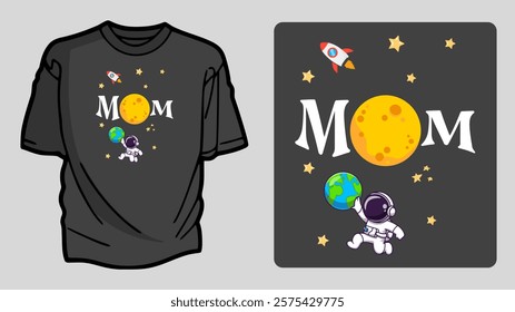 Mom Space Adventure T-shirt Design Featuring Astronauts, Planets, and a Rocket