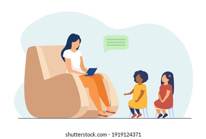 Mom spending time at home with missed race kids. Mother reading book to daughters in living room. Flat vector illustration. Family, adoption concept for banner, website design or landing web page