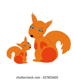 Mom squirrel with a baby squirrel look at each other. Vector isolated illustration on white background