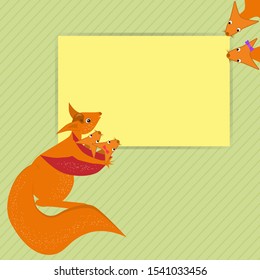 Mom squirrel and little squirrels, place for text. Harvesting a postcard, a banner on the theme of child care, mom and children