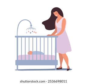 Mom standing by the bed with her newborn baby, motherhood and parenthood concept. Flat cartoon illustration.