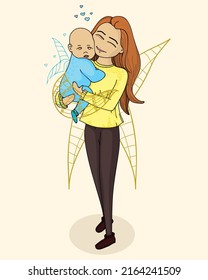 Mom "stay with Ukraine" concept. Support for Ukraine. No war. Ukraine in the heart. Support against fighting. Stock vector illustration.