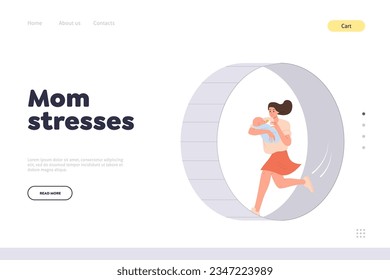 Mom stress landing page design template with tired exhausted mother holding baby and running