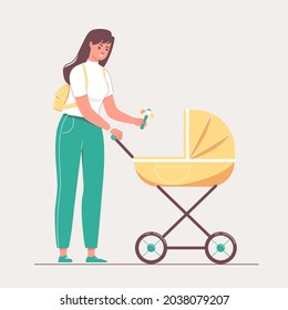 Ilustración vectorial Feliz madre e hijo. Mamá joven camina con un recién nacido que lleva un coche.