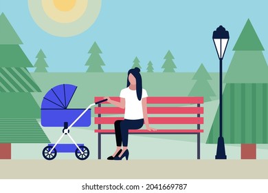 Mom with a stroller in the park on a bench. Colorful flat vector illustration