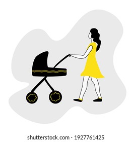 mamá con un coche para caminar, ilustración en colores negros y amarillos sobre la ilustración vector de maternidad