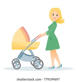 Mom with stroller.Isolated on white background. Cartoon style. Vector illustration