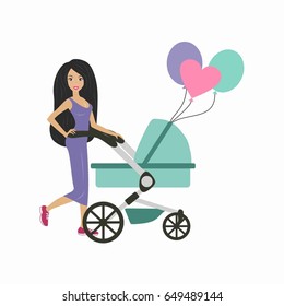Mom and stylish stroller and balloons