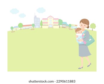 Mom in suit picking up and dropping off baby from nursery school