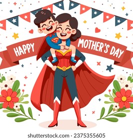 Mom in superhero costume holds son on his shoulders. Happy Mother's day greeting card. Cartoon character