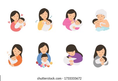 mom take care baby cartoon character design set