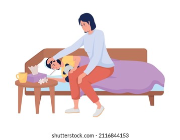 Mom take care of child semi flat color vector character. Two figures. Full body people on white. Disease isolated modern cartoon style illustration for graphic design and animation