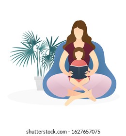 mom take on lap her daughter and reading a book. nurturing, care, good parenting, good nurturing, care, bonding, trust and support between parents and children. flat vector illustration