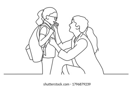 Mom takes her daughter to school. Line drawing vector illustration.