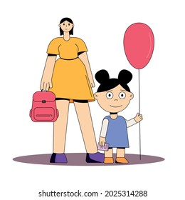 Mom takes her daughter to school. Back to school