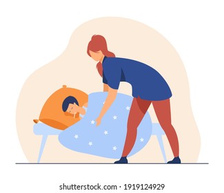 Mom taking care about kid with flu. Sick child with thermometer resting in bed, mother adjusting blanket. Flat vector illustration. Parenthood concept for banner, website design or landing web page