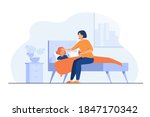 Mom taking care about sick child. Girl getting cold, suffering from flu, lying in bed with sore throat and fever. Vector illustration for childcare, motherhood, epidemic concept