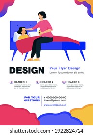Mom taking care about sick child. Girl getting cold, suffering from flu, lying in bed with sore throat and fever. Vector illustration for childcare, motherhood, epidemic concept