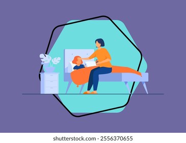 Mom taking care about sick child. Girl getting cold, suffering from flu, lying in bed with sore throat and fever. Vector illustration for childcare, motherhood, epidemic concept