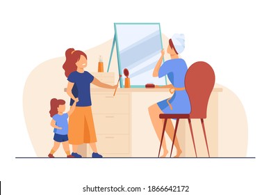 Mom taking care of her face. Woman applying cream at mirror, kids, daughters flat vector illustration. Motherhood, beauty care concept for banner, website design or landing web page