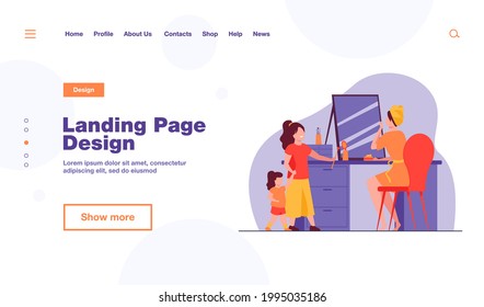 Mom taking care of her face. Woman applying cream at mirror, kids, daughters flat vector illustration. Motherhood, beauty care concept for banner, website design or landing web page