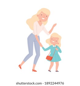 Mom Taking her Daughter to School or Kindergarten in Morning, Parent and Kid Walking Together Holding Hands Cartoon Style Vector Illustration