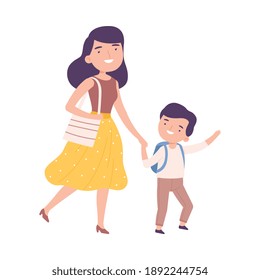 Mom Taking her Son to School or Kindergarten in Morning, Parent and Kid Walking Together Holding Hands Cartoon Style Vector Illustration