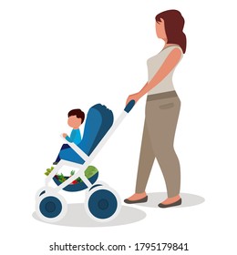 Mom is taking her son in a stroller. Child. Graphic vector drawing in cartoon style. Can be used for collages of childrens illustrations, web design.