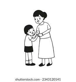 Mom talk to little boy, outline drawing style vector