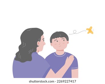 Mom talking with ADHD boy, he having a short attention span and being easily distracted. Flat vector illustration.