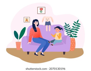 Mom talks to daughter. Parent communicates with child, quality education. Woman listens to girl. Happy family, socializing, mother, dialogue. Love and care, support. Cartoon flat vector illustration