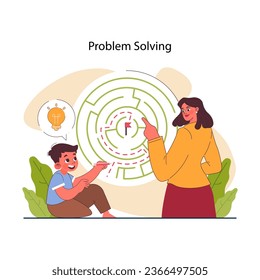 Mom teach her child to find a way out of difficult situation. Solution development. Positive parenting or fostering tips. Formation of your child's daily skills. Flat vector illustration