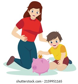 Mom teach her children to save money in the piggy bank