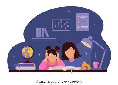 Mom or teacher help girl to do homework late at night. Difficulties in learning. Girls sit at the table and study, do homework with an open book