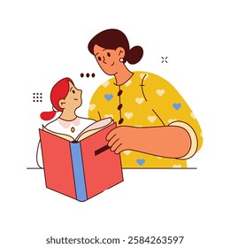 Mom or teacher helping daughter or student with homework and assignments from school. Vector isolated flat cartoon character learning and educating. Reading book or publication with tutor