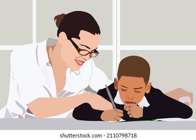 mom as teacher at home for children education concept. Studying in pandemic era