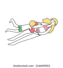 Mom teaches baby to swim in clear sea flat vector illustration. Happy cartoon characters in swimwear playing, surfing, diving. Summer, vacation and activity concept