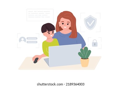 Mom Teaches Child Cyber Security On The Internet. Cyber Defense Tips For Kids. Safe Internet Concept. A Young Woman Sits With A Child At A Laptop. Vector Illustration.