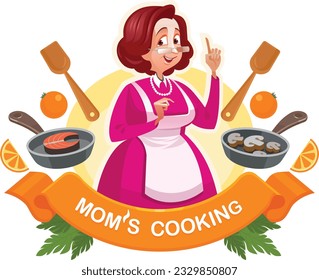 Mom teaches to cook. Kitchen symbol suitable for cafe and restaurant. Emblem depicting a cute woman surrounded by groceries teaching how to cook. Vector illustration. Cartoon style