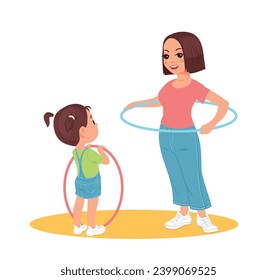 Mom teaches daughter how to twist hoop around waist. Girl learning sport exercise. Mother and kid training together. Gymnastics trainer. People rotate sportive circle