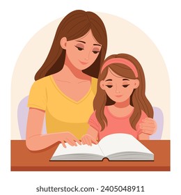 Una madre enseña a su hija a leer un libro. El concepto de enseñanza y aprendizaje, de pasar tiempo junto con los niños. 