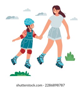 Mom teaches her daughter to roller skate.Smiling characters have fun together.Woman and girl in summer clothes.Child in protective equipment.Vector cartoon flat illustration on white background.
