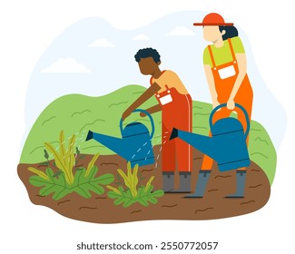 Mom teaches her son to watering plants with water can. Farming activity of farmer. Work in the garden. Agricultural work. Female farmer watering seed plant. Flat vector illustration