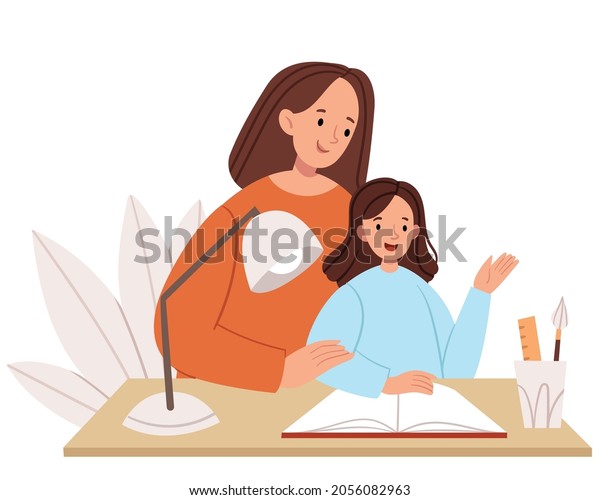 Mom Teaches Lessons Her Daughter Homeschooling Stock Vector (Royalty ...