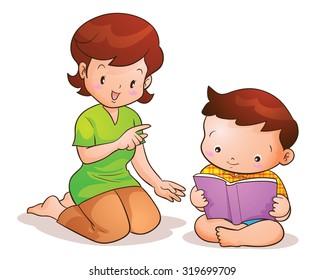 Mom Teaches Son Reading Book