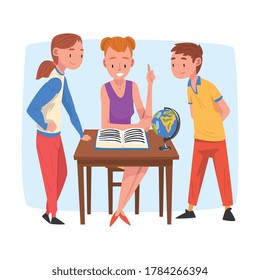 Mom Teaching Her Children, Parent Helping Son and Daughter with Homework and Explaining Lesson in Textbook, Home Schooling Cartoon Vector Illustration