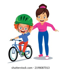 Mom Teaching Her Cute Kid To Ride A Bike