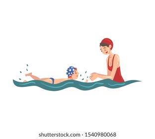 Mom Teaching her Little Son to Swim in Swimming Pool Vector Illustration