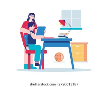 Mamãe está ensinando o filho dela a fazer o dever de casa. Design de caracteres. Ilustração em plano vetorial
