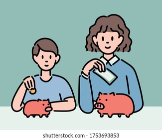 Mom is teaching her son to save money. They are putting money in a pig's bank. hand drawn style vector design illustrations. 